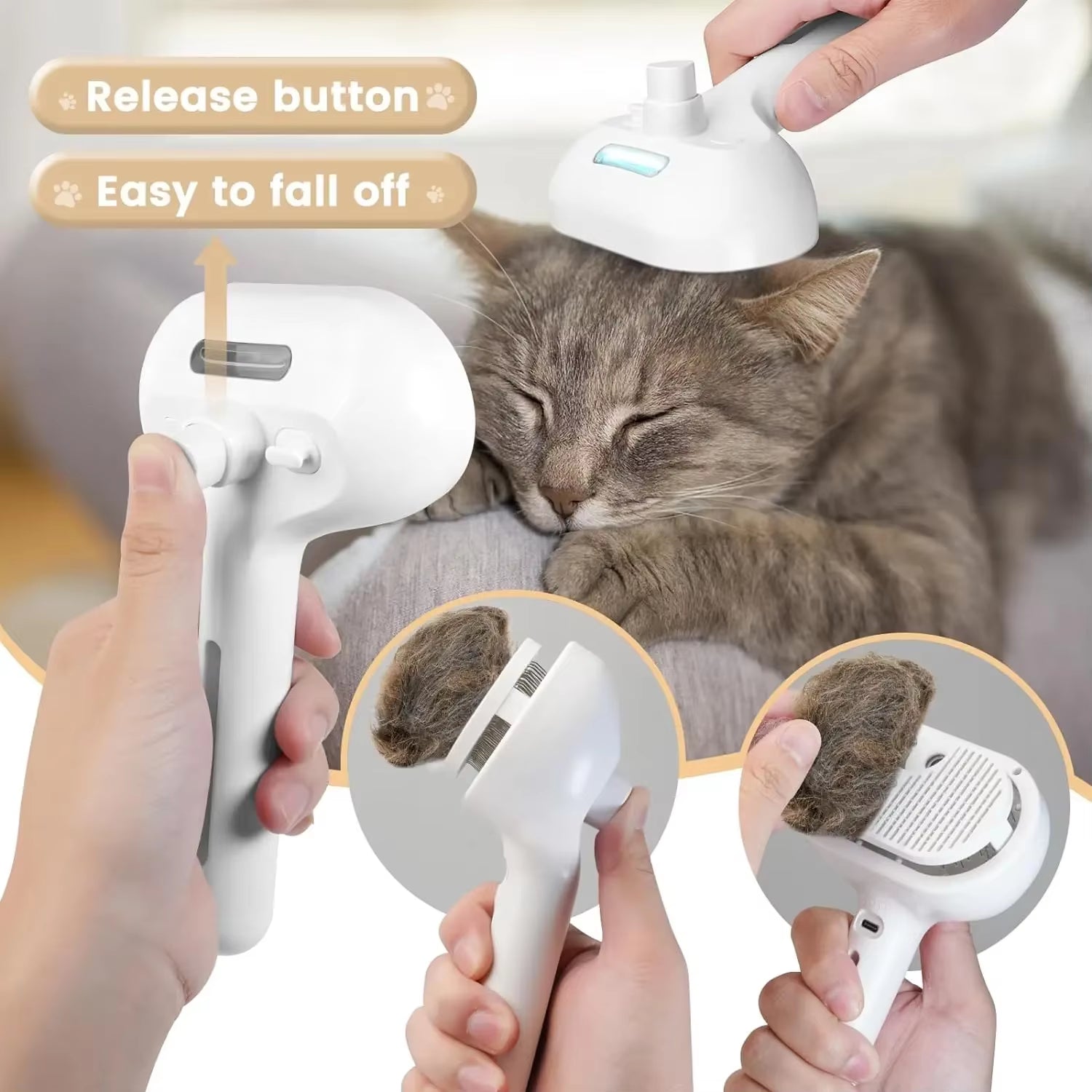 Electric 3-in-1 Pet Grooming Brush with Steam Spray, Massage Function, and Anti-Tangle Design for Dogs and Cats
